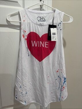 Cha Ser White Tank Top with Pink Heart 'WINE' Graphic